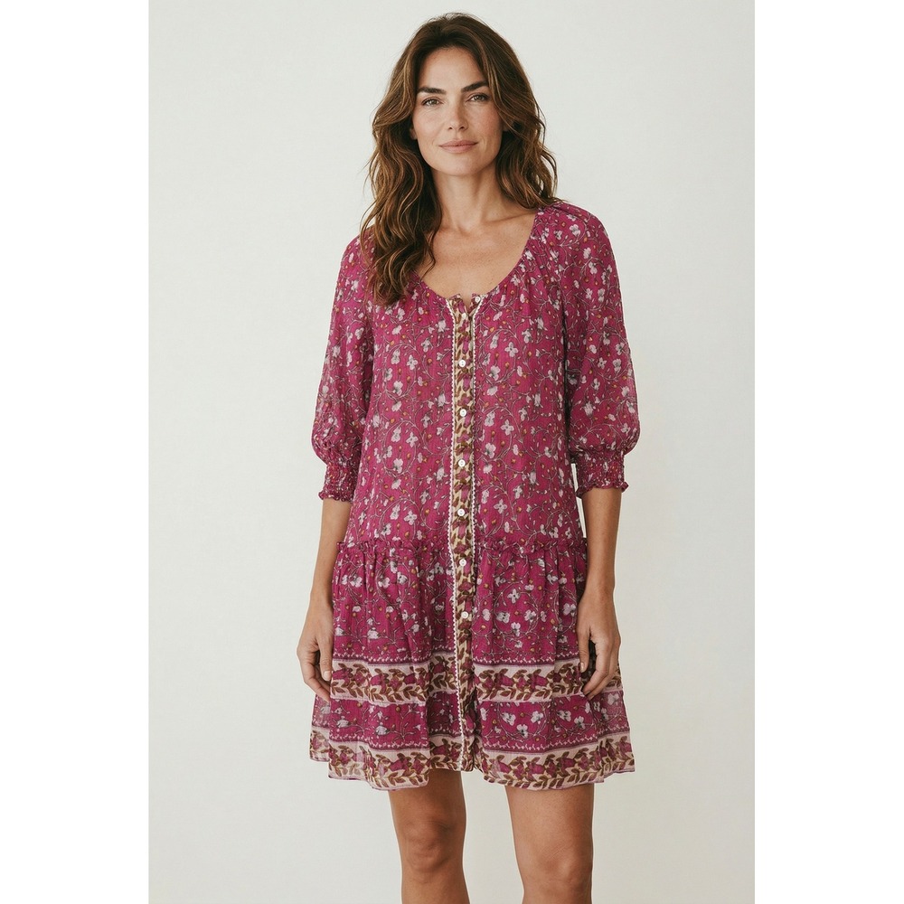Poupette St Barth Pink Floral Cotton Mini Dress 3/4 Sleeve Tiered Boho - Medium